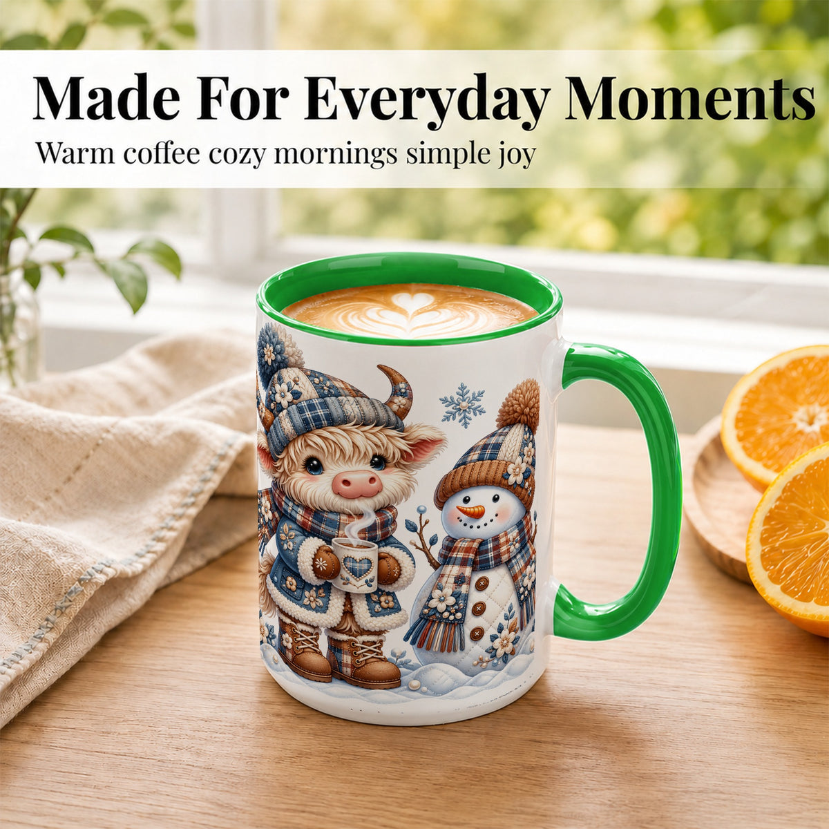 #pl[15oz|Green] Highland Cow Snowman Coffee Mug, Winter Mug, Ceramic Cup