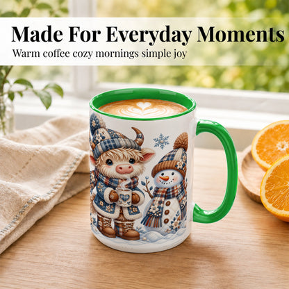 #pl[15oz|Green] Highland Cow Snowman Coffee Mug, Winter Mug, Ceramic Cup