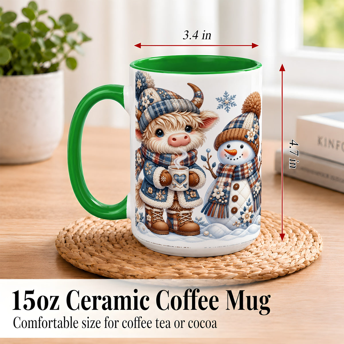 #pl[15oz|Green] Highland Cow Snowman Coffee Mug, Winter Mug, Ceramic Cup