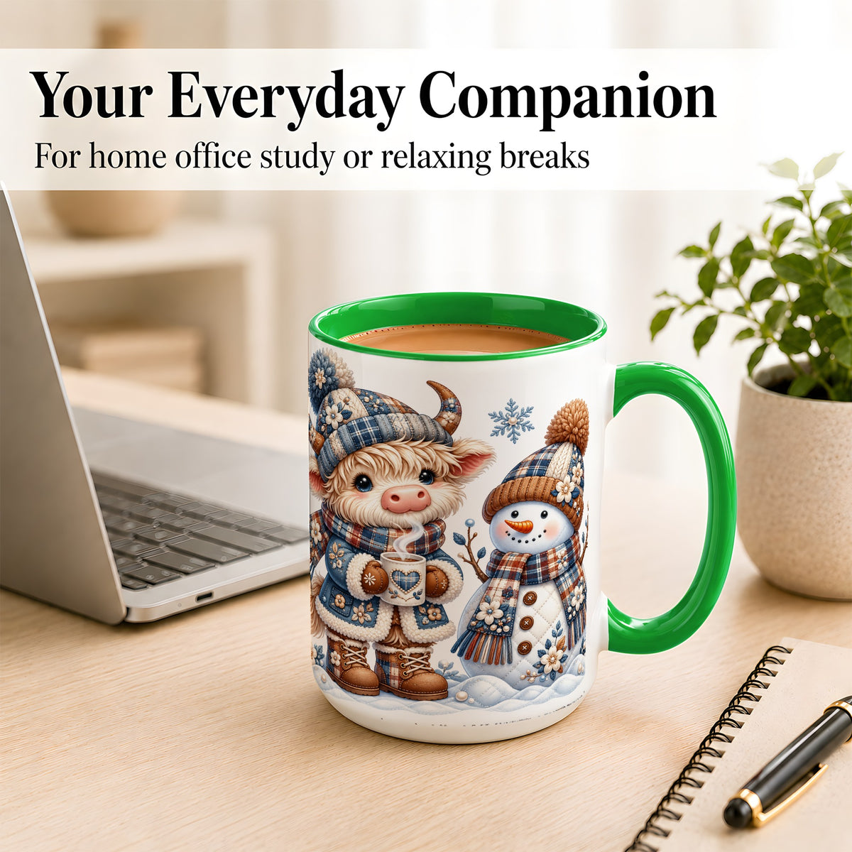 #pl[15oz|Green] Highland Cow Snowman Coffee Mug, Winter Mug, Ceramic Cup