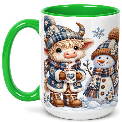 #pl[15oz|Green] Highland Cow Snowman Coffee Mug, Winter Mug, Ceramic Cup