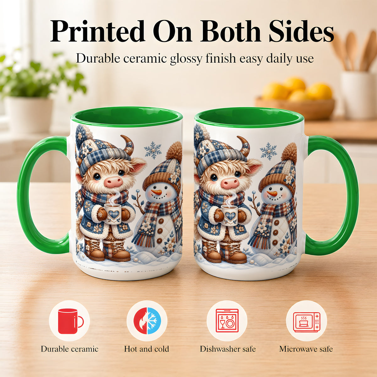 #pl[15oz|Green] Highland Cow Snowman Coffee Mug, Winter Mug, Ceramic Cup