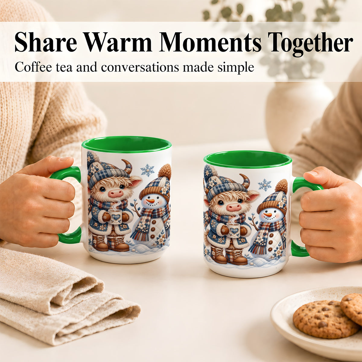 #pl[15oz|Green] Highland Cow Snowman Coffee Mug, Winter Mug, Ceramic Cup