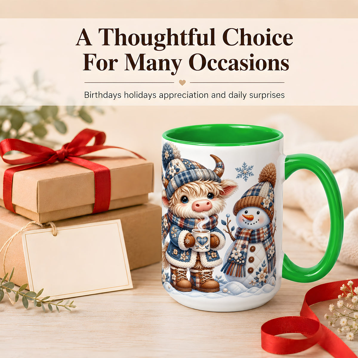 #pl[15oz|Green] Highland Cow Snowman Coffee Mug, Winter Mug, Ceramic Cup