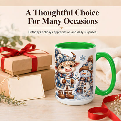 #pl[15oz|Green] Highland Cow Snowman Coffee Mug, Winter Mug, Ceramic Cup