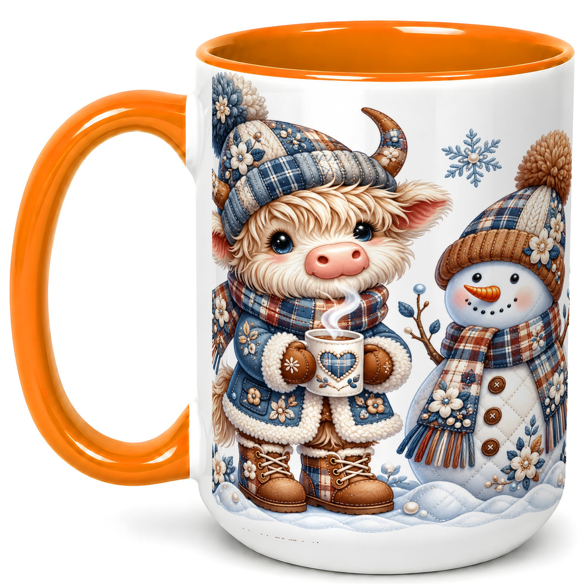 #pl[15oz|Orange] Highland Cow Snowman Coffee Mug, Winter Mug, Ceramic Cup