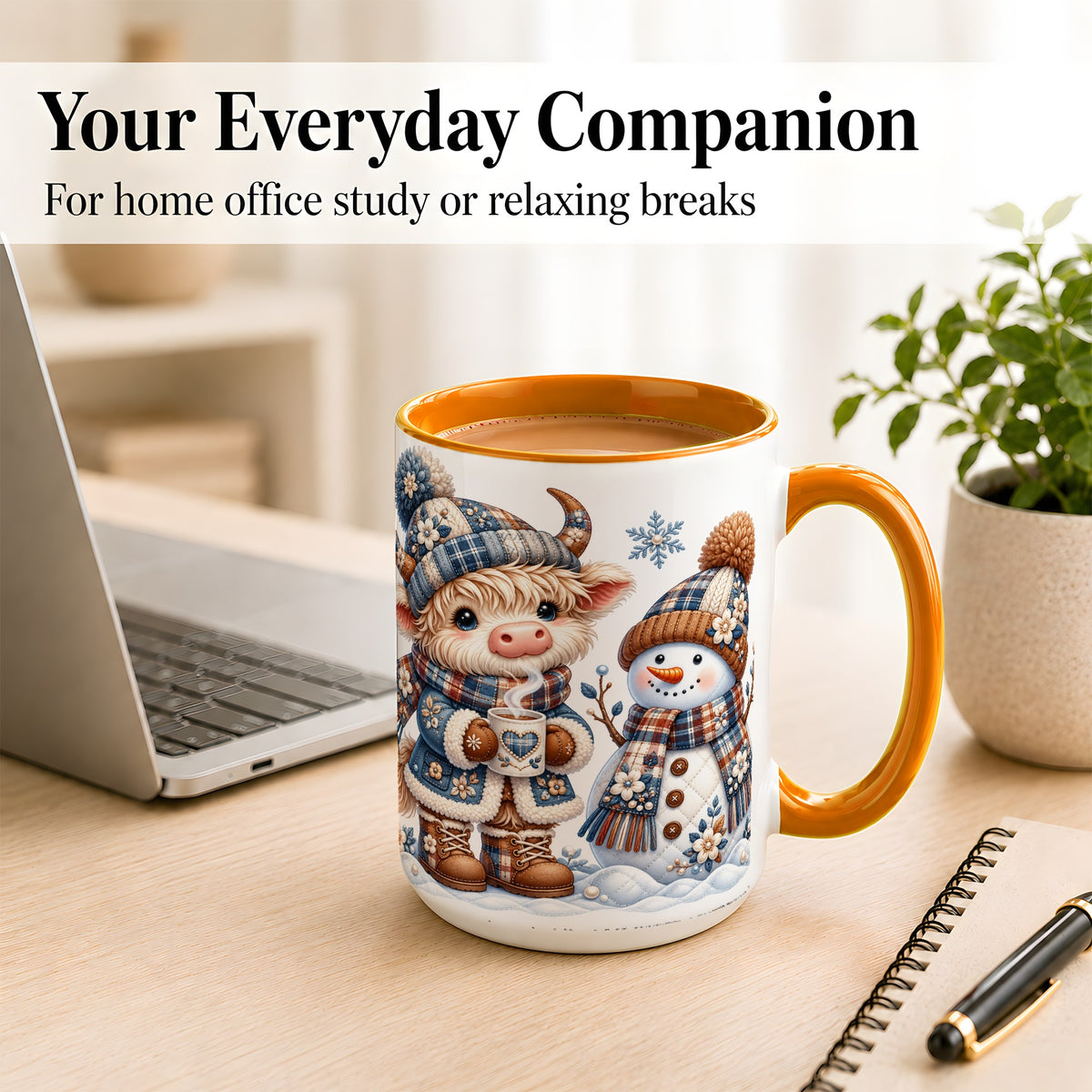 #pl[15oz|Orange] Highland Cow Snowman Coffee Mug, Winter Mug, Ceramic Cup