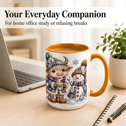 #pl[15oz|Orange] Highland Cow Snowman Coffee Mug, Winter Mug, Ceramic Cup