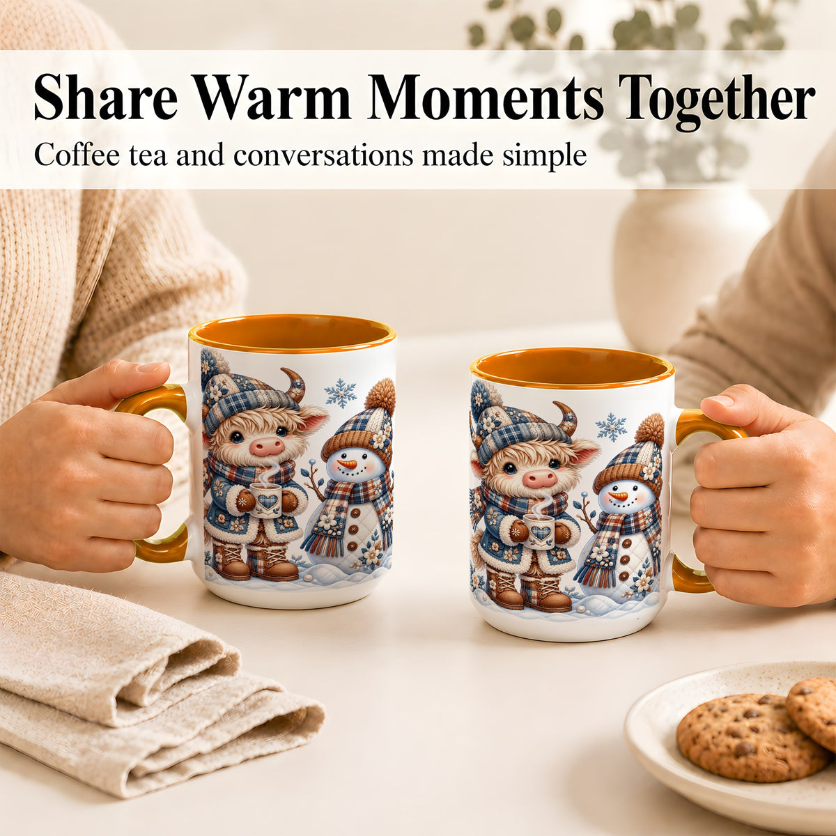 #pl[15oz|Orange] Highland Cow Snowman Coffee Mug, Winter Mug, Ceramic Cup