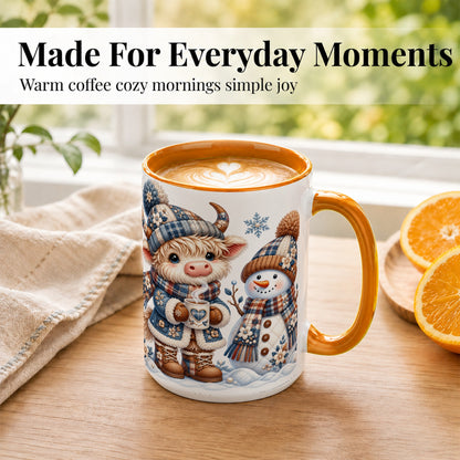 #pl[15oz|Orange] Highland Cow Snowman Coffee Mug, Winter Mug, Ceramic Cup