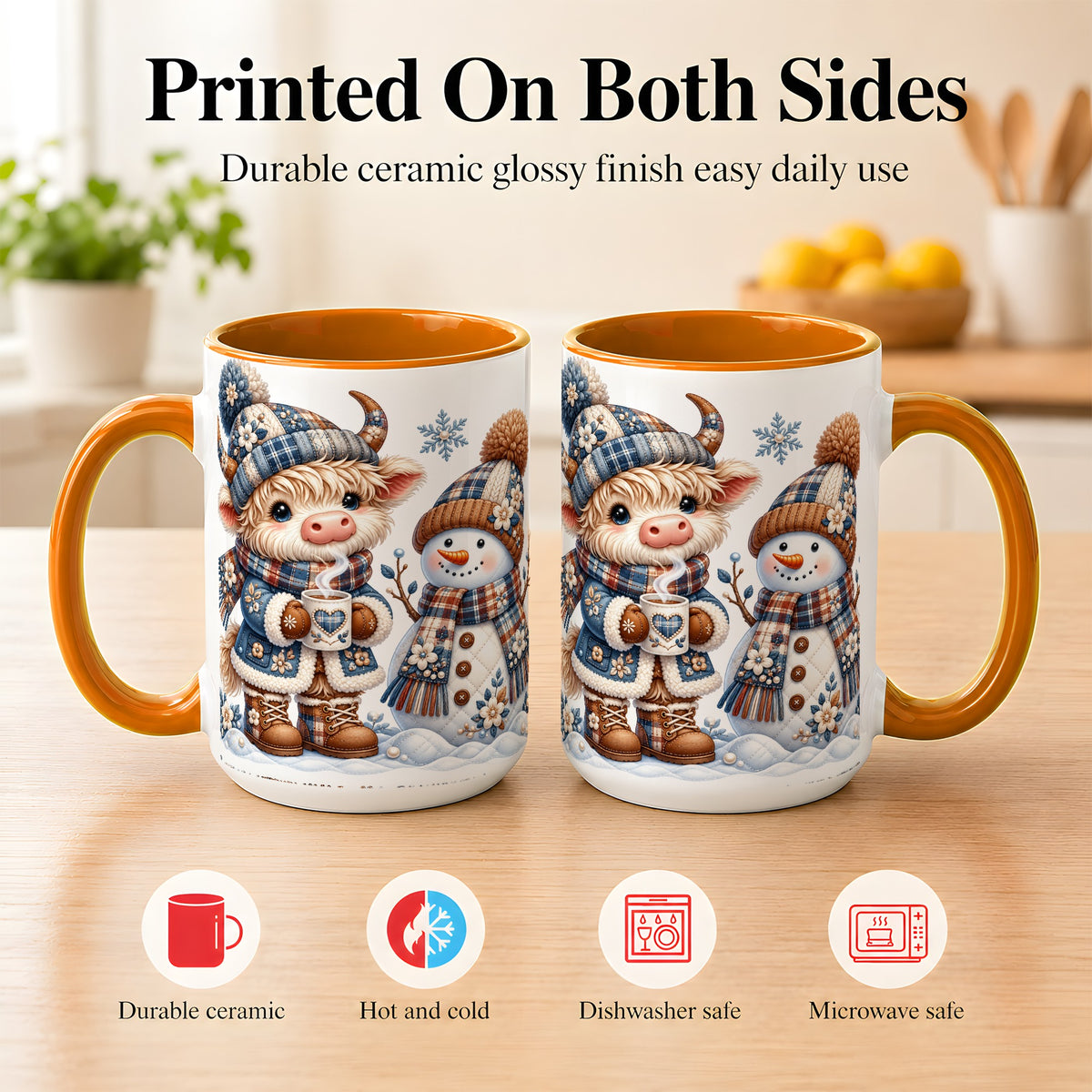 #pl[15oz|Orange] Highland Cow Snowman Coffee Mug, Winter Mug, Ceramic Cup