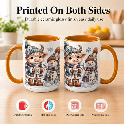 #pl[15oz|Orange] Highland Cow Snowman Coffee Mug, Winter Mug, Ceramic Cup