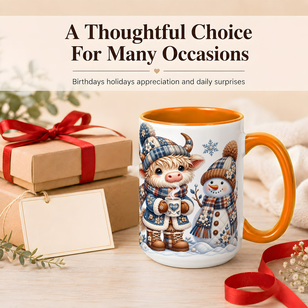 #pl[15oz|Orange] Highland Cow Snowman Coffee Mug, Winter Mug, Ceramic Cup