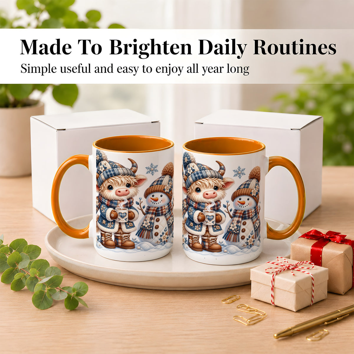 #pl[15oz|Orange] Highland Cow Snowman Coffee Mug, Winter Mug, Ceramic Cup