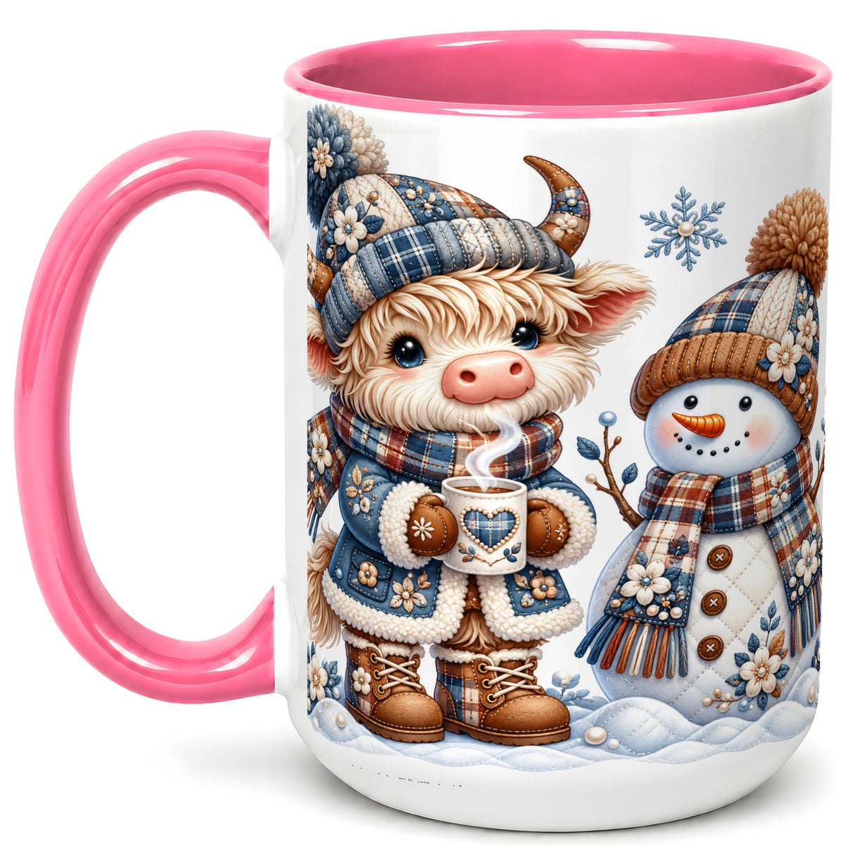 #pl[15oz|Pink] Highland Cow Snowman Coffee Mug, Winter Mug, Ceramic Cup