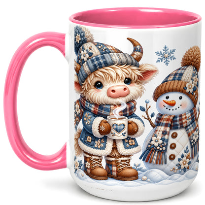 #pl[15oz|Pink] Highland Cow Snowman Coffee Mug, Winter Mug, Ceramic Cup