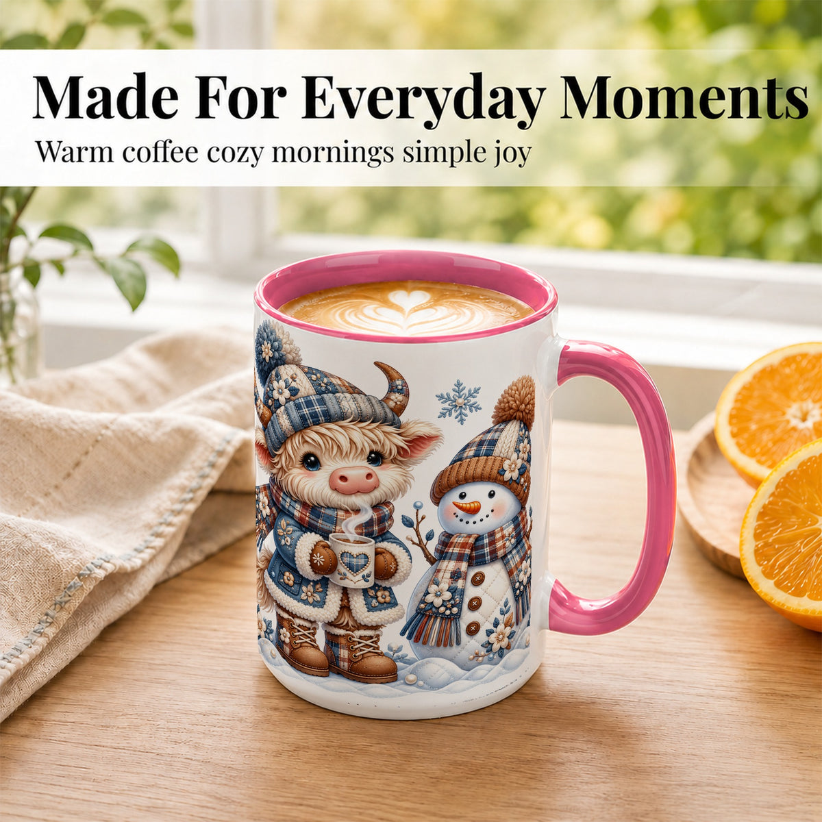 #pl[15oz|Pink] Highland Cow Snowman Coffee Mug, Winter Mug, Ceramic Cup