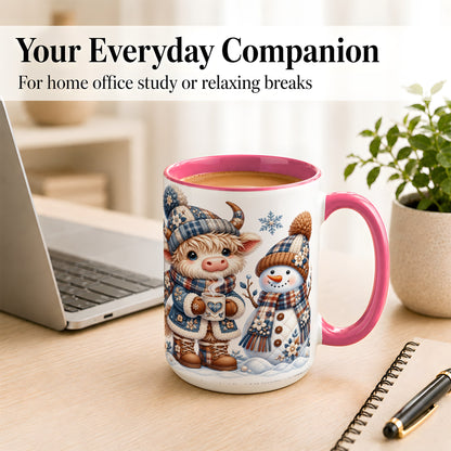 #pl[15oz|Pink] Highland Cow Snowman Coffee Mug, Winter Mug, Ceramic Cup