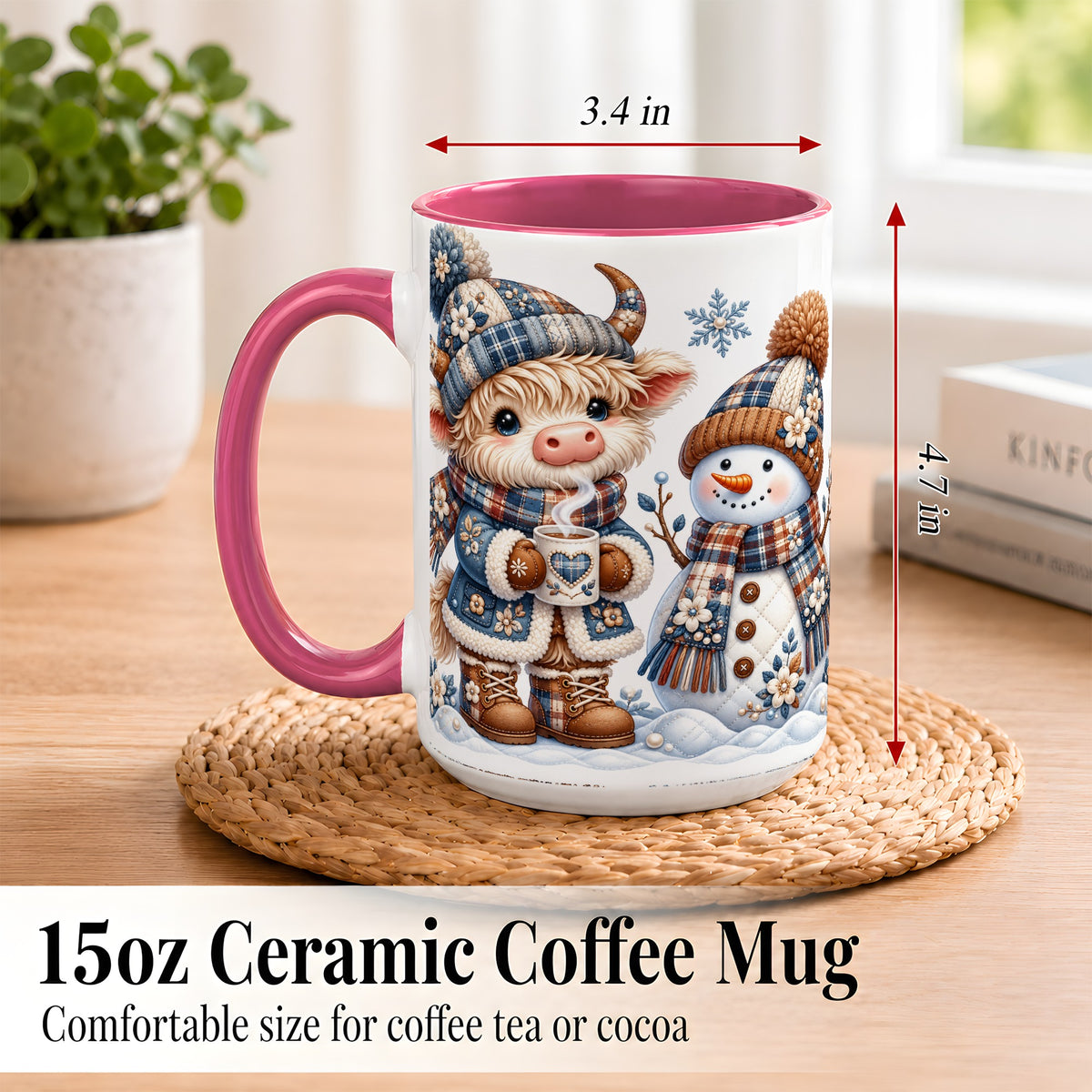 #pl[15oz|Pink] Highland Cow Snowman Coffee Mug, Winter Mug, Ceramic Cup