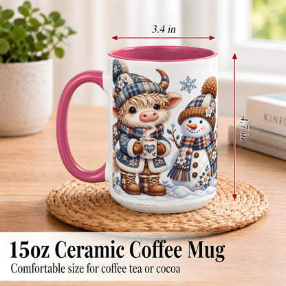 #pl[15oz|Pink] Highland Cow Snowman Coffee Mug, Winter Mug, Ceramic Cup