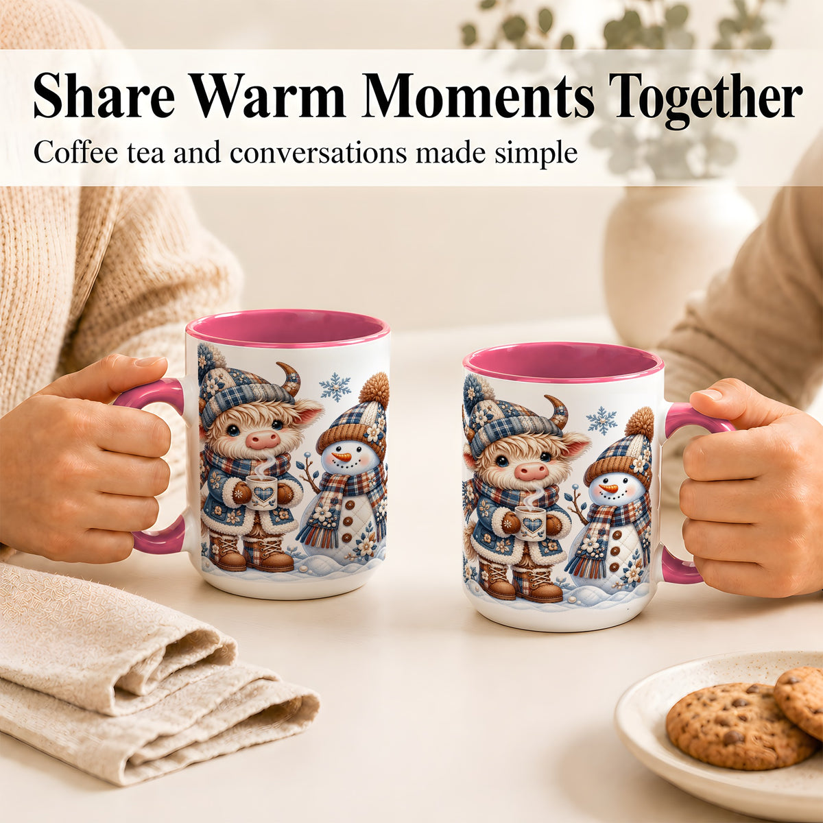 #pl[15oz|Pink] Highland Cow Snowman Coffee Mug, Winter Mug, Ceramic Cup