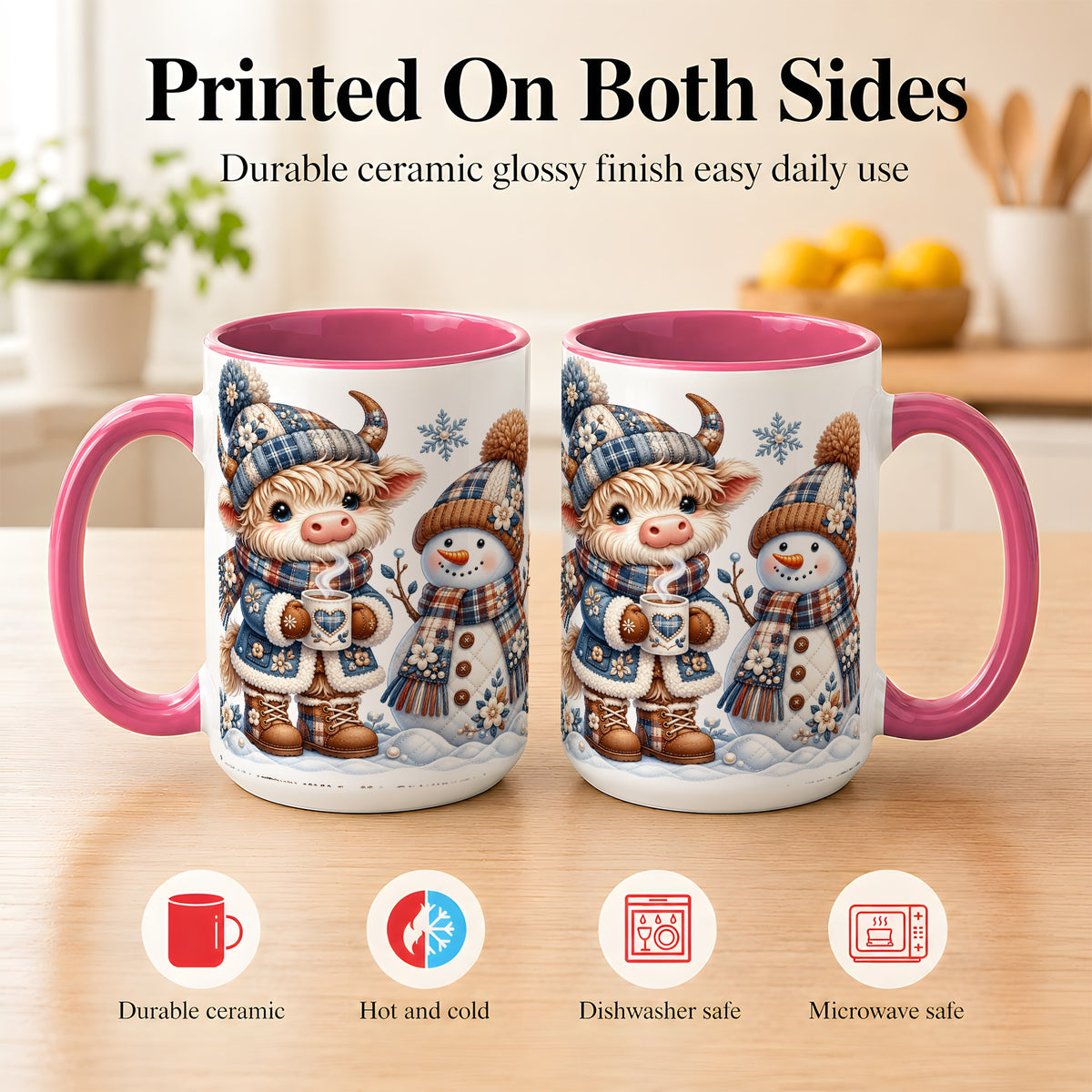 #pl[15oz|Pink] Highland Cow Snowman Coffee Mug, Winter Mug, Ceramic Cup