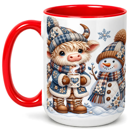 #pl[15oz|Red] Highland Cow Snowman Coffee Mug, Winter Mug, Ceramic Cup
