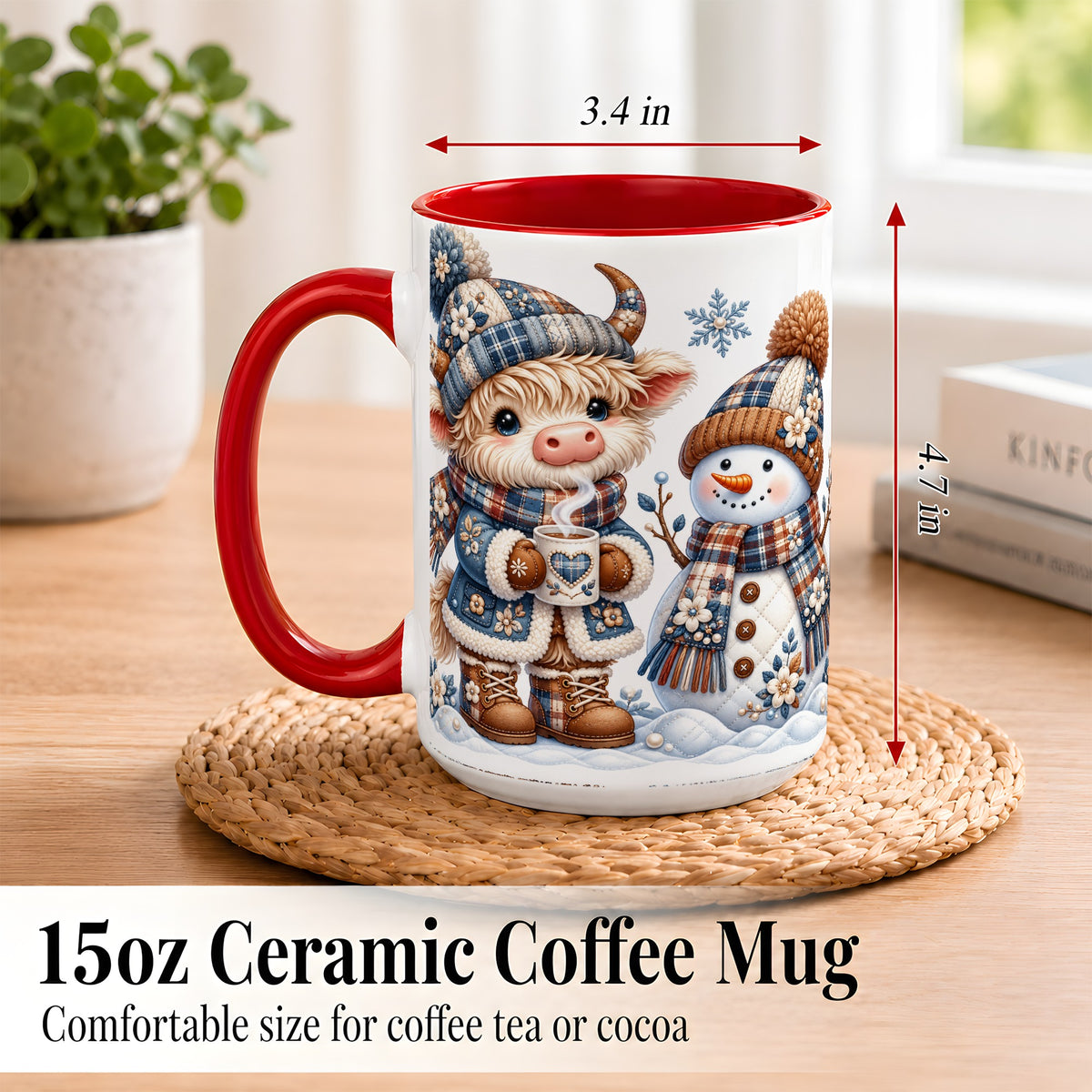 #pl[15oz|Red] Highland Cow Snowman Coffee Mug, Winter Mug, Ceramic Cup