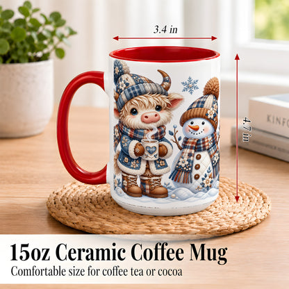#pl[15oz|Red] Highland Cow Snowman Coffee Mug, Winter Mug, Ceramic Cup