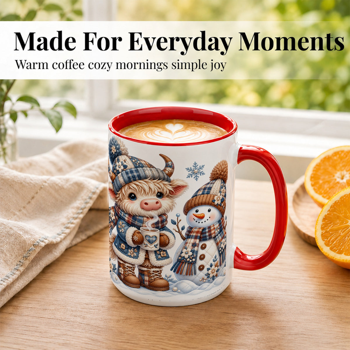 #pl[15oz|Red] Highland Cow Snowman Coffee Mug, Winter Mug, Ceramic Cup