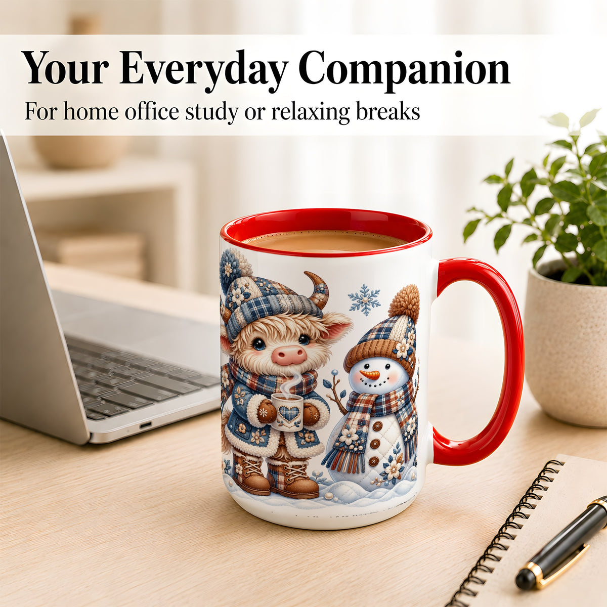 #pl[15oz|Red] Highland Cow Snowman Coffee Mug, Winter Mug, Ceramic Cup