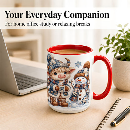 #pl[15oz|Red] Highland Cow Snowman Coffee Mug, Winter Mug, Ceramic Cup