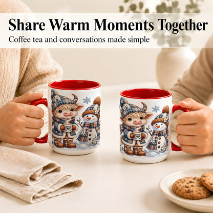 #pl[15oz|Red] Highland Cow Snowman Coffee Mug, Winter Mug, Ceramic Cup