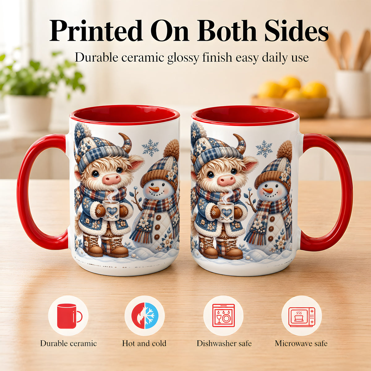 #pl[15oz|Red] Highland Cow Snowman Coffee Mug, Winter Mug, Ceramic Cup