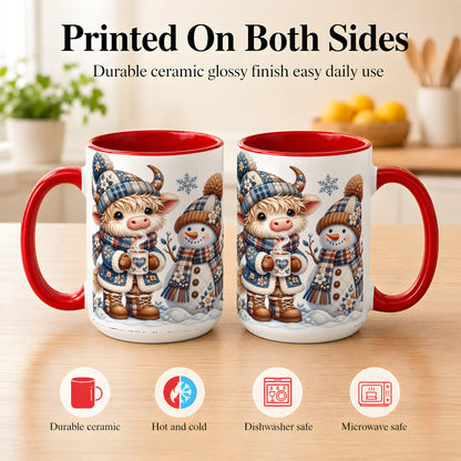 #pl[15oz|Red] Highland Cow Snowman Coffee Mug, Winter Mug, Ceramic Cup