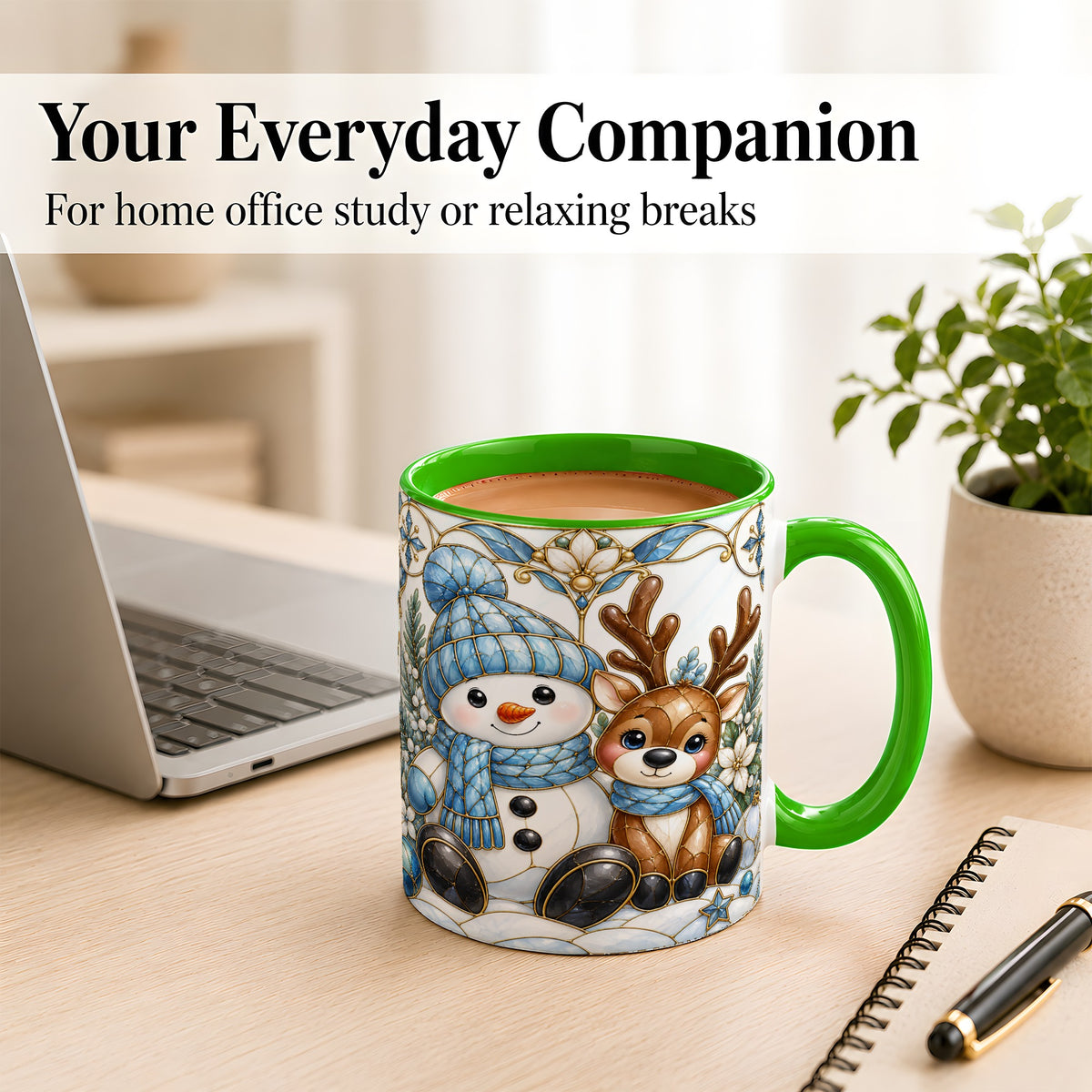 #pl[11oz|Green] Snowman Reindeer Coffee Mug, Blue Winter Mug, Ceramic Cup