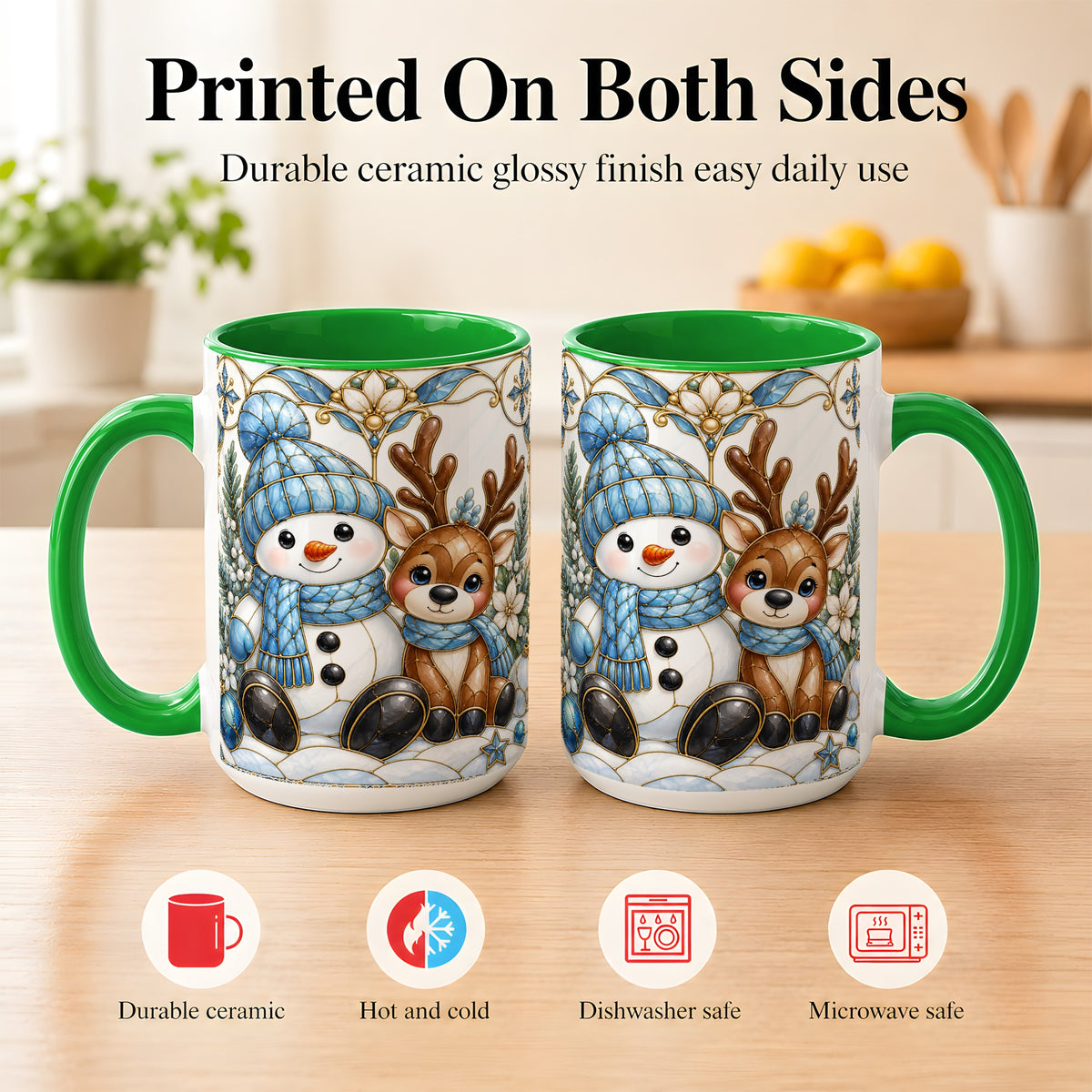 #pl[15oz|Green] Snowman Reindeer Coffee Mug, Blue Winter Mug, Ceramic Cup