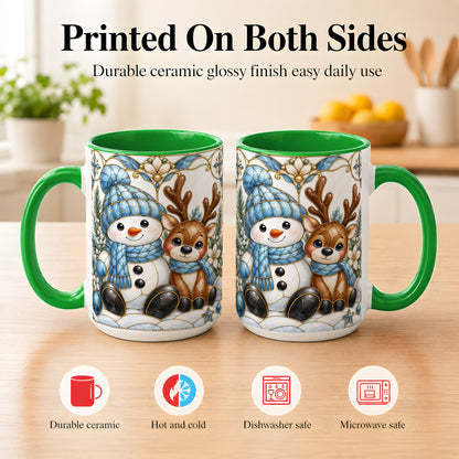 #pl[15oz|Green] Snowman Reindeer Coffee Mug, Blue Winter Mug, Ceramic Cup
