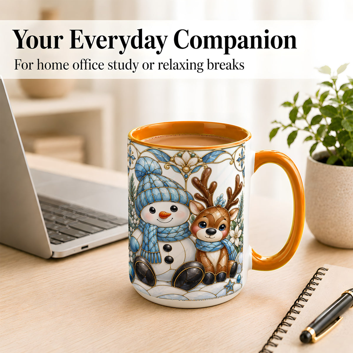 #pl[15oz|Orange] Snowman Reindeer Coffee Mug, Blue Winter Mug, Ceramic Cup