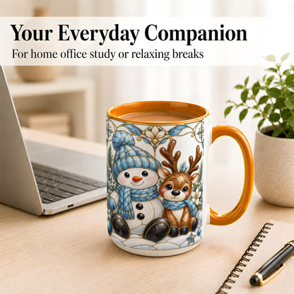 #pl[15oz|Orange] Snowman Reindeer Coffee Mug, Blue Winter Mug, Ceramic Cup
