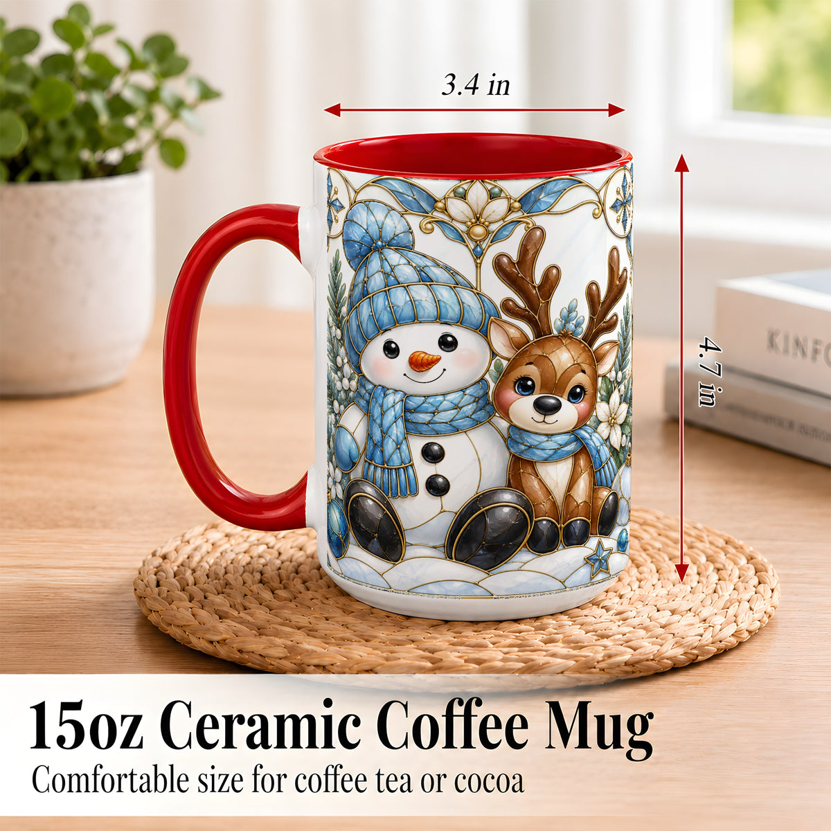 #pl[15oz|Red] Snowman Reindeer Coffee Mug, Blue Winter Mug, Ceramic Cup