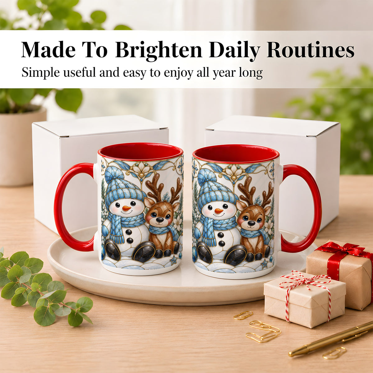 #pl[15oz|Red] Snowman Reindeer Coffee Mug, Blue Winter Mug, Ceramic Cup