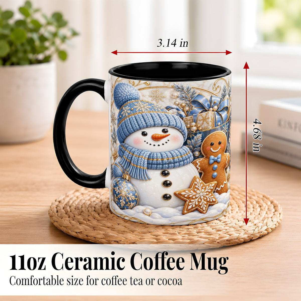 #pl[11oz|Black] Snowman Gingerbread Coffee Mug, Blue Holiday Mug, Ceramic Cup