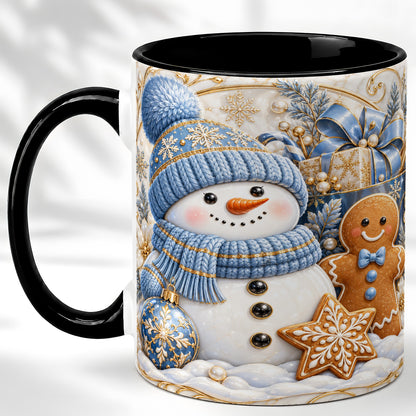 #pl[11oz|Black] Snowman Gingerbread Coffee Mug, Blue Holiday Mug, Ceramic Cup