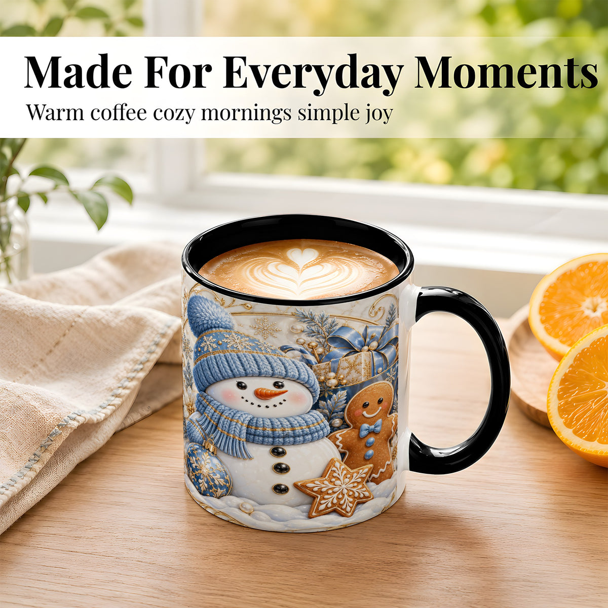 #pl[11oz|Black] Snowman Gingerbread Coffee Mug, Blue Holiday Mug, Ceramic Cup