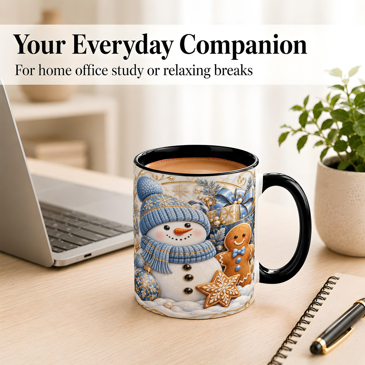 #pl[11oz|Black] Snowman Gingerbread Coffee Mug, Blue Holiday Mug, Ceramic Cup