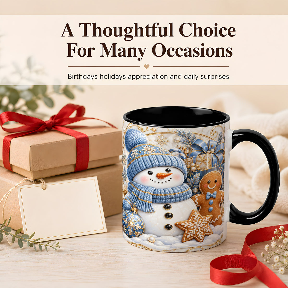 #pl[11oz|Black] Snowman Gingerbread Coffee Mug, Blue Holiday Mug, Ceramic Cup