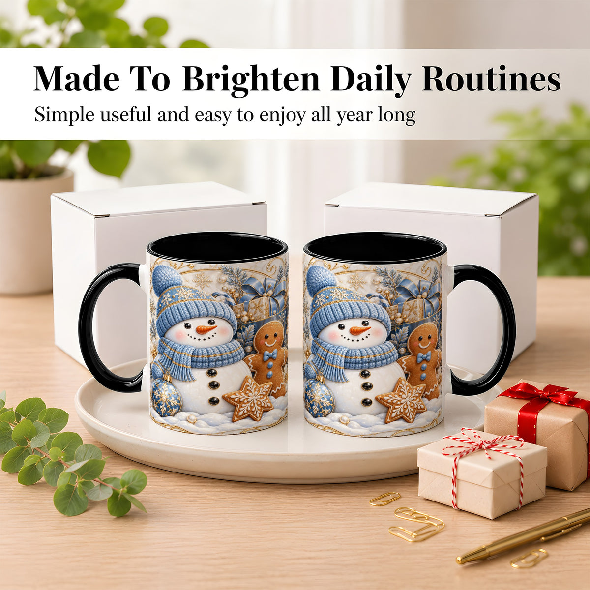 #pl[11oz|Black] Snowman Gingerbread Coffee Mug, Blue Holiday Mug, Ceramic Cup