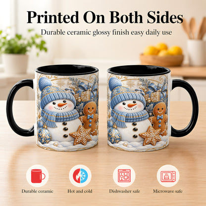#pl[11oz|Black] Snowman Gingerbread Coffee Mug, Blue Holiday Mug, Ceramic Cup