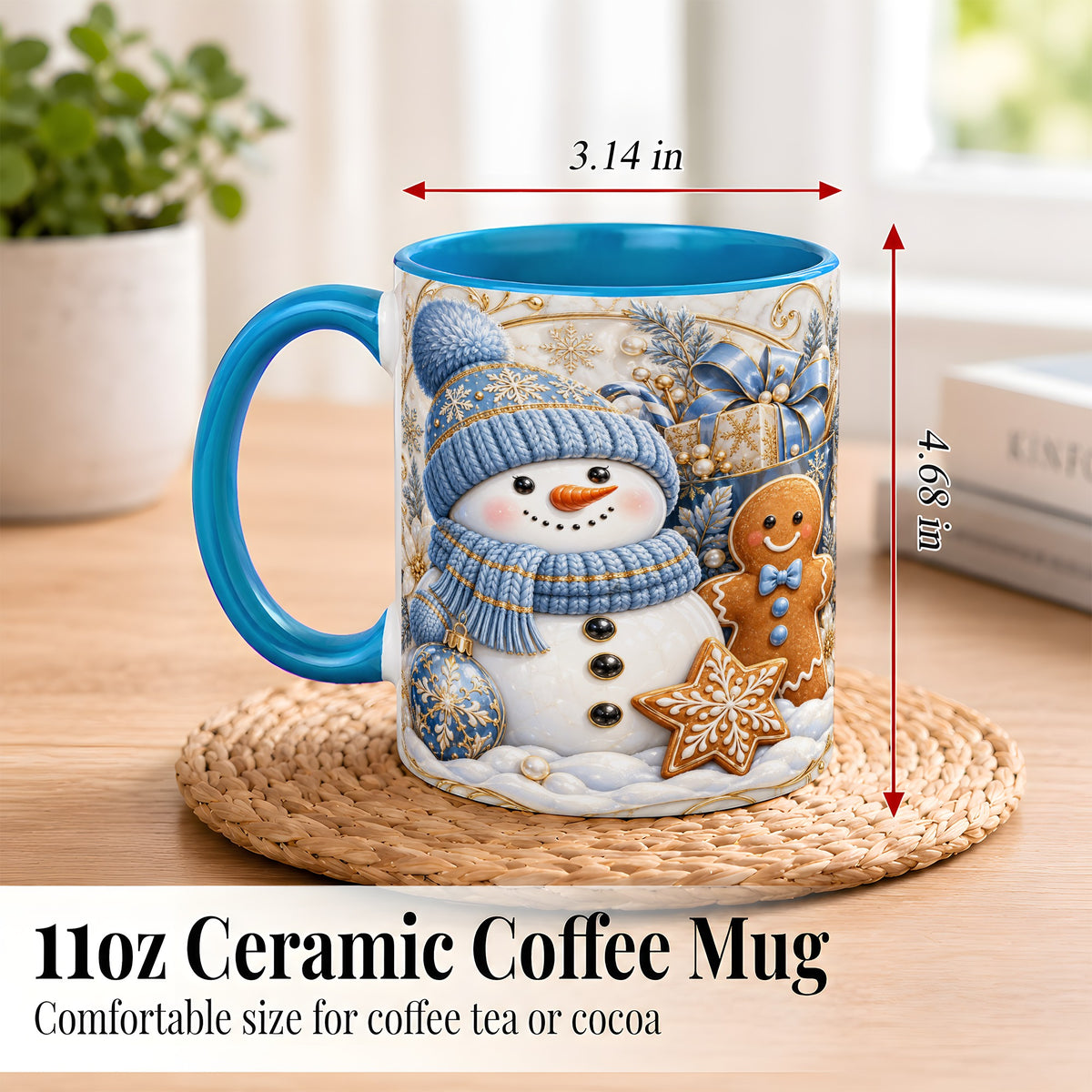 #pl[11oz|Blue] Snowman Gingerbread Coffee Mug, Blue Holiday Mug, Ceramic Cup